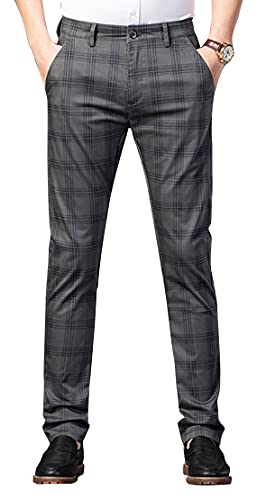 Yukirtiq Herren Chinohose Kariert Hose Business Freizeithose Slim fit Chino mit Stretchhose Stoffhose für Männer, Grau, 34 von Yukirtiq