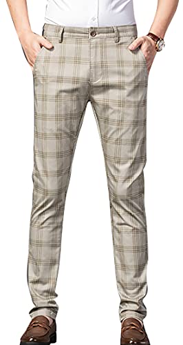 Yukirtiq Herren Chinohose Kariert Hose Business Freizeithose Slim fit Chino mit Stretchhose Stoffhose für Männer, Licht Khaki, 30 von Yukirtiq