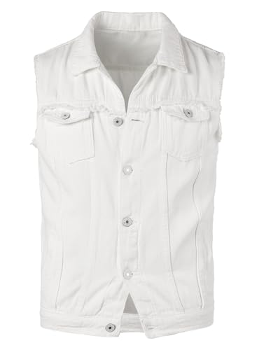 Yukirtiq Herren Denim Weste Vintage Bikerweste Männer Jeansweste Mode Freizeit Ärmellos Jeansjacke Slim Fit Punk Casual Jacke, Weiß, M von Yukirtiq