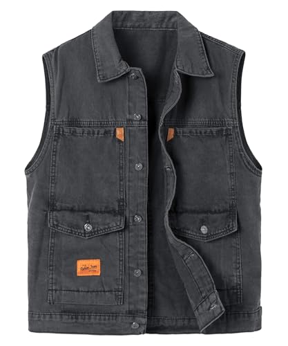 Yukirtiq Herren Denim Westen Casual Ärmellose Jeans Weste Kutte Biker-Weste Vintage Motorradweste Outdoor Jeansweste mit Vielen Taschen, Schwarz, XXL von Yukirtiq