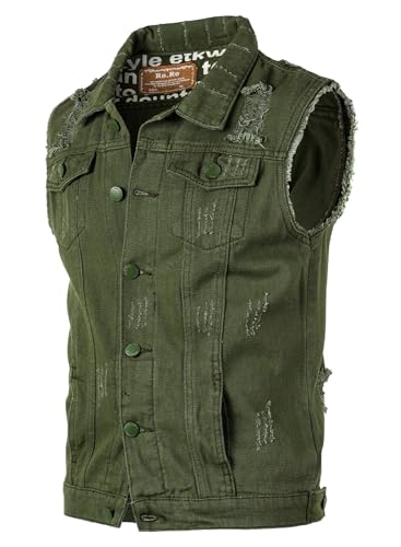 Yukirtiq Herren Denim Westen Zerrissen Männer Jeansweste Ärmellose Jeansjacken Freizeitweste Slim Fit Motorrad Weste Denim-Jacke, Grün, L von Yukirtiq