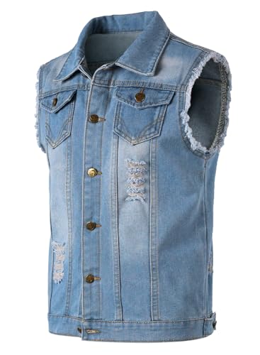 Yukirtiq Herren Denim Westen Zerrissen Männer Jeansweste Ärmellose Jeansjacken Freizeitweste Slim Fit Motorrad Weste Denim-Jacke, Hellblau, S von Yukirtiq