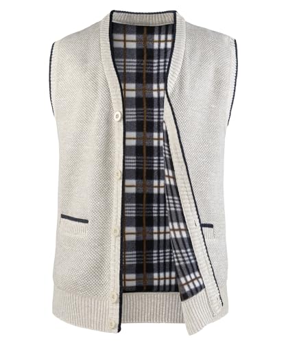 Yukirtiq Herren Fleece-Fütterung Ärmellose Strickjacke Pullunder Strickweste mit V-Ausschnitt und Knopfleiste Dicker Gilet Winterweste für Männer, Beige, L von Yukirtiq