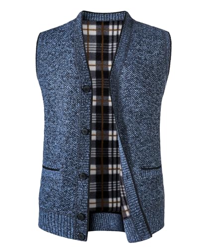 Yukirtiq Herren Fleece-Fütterung Ärmellose Strickjacke Pullunder Strickweste mit V-Ausschnitt und Knopfleiste Dicker Gilet Winterweste für Männer, Blau, M von Yukirtiq