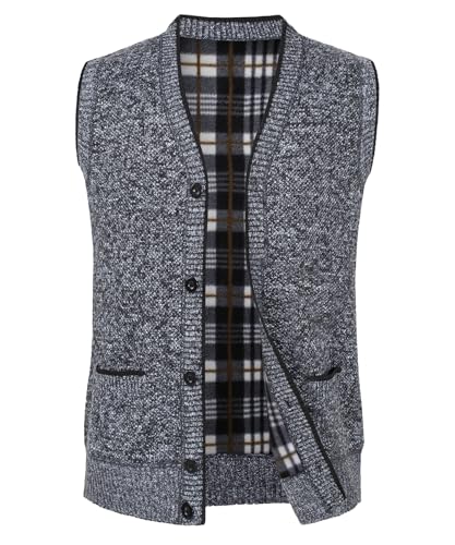 Yukirtiq Herren Fleece-Fütterung Ärmellose Strickjacke Pullunder Strickweste mit V-Ausschnitt und Knopfleiste Dicker Gilet Winterweste für Männer, Dunkelgrau, XL von Yukirtiq