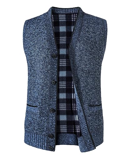 Yukirtiq Herren Fleece-Fütterung Ärmellose Strickjacke Pullunder Strickweste mit V-Ausschnitt und Knopfleiste Dicker Gilet Winterweste für Männer, Blau, L von Yukirtiq