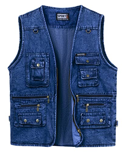 Yukirtiq Herren Jeansjacke Armellos mit Multi-Taschen Fotografen Ärmellos Jacken Denim Anglerweste Bikerweste Outdoor Freizeit Jacke von Yukirtiq