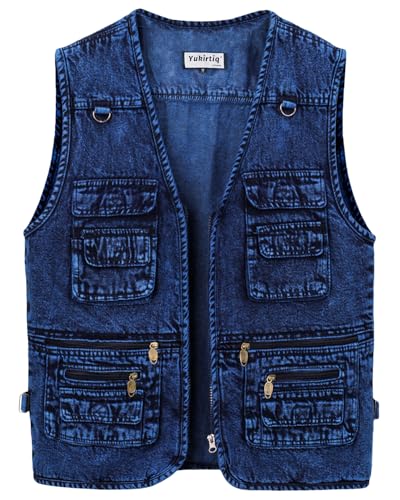 Yukirtiq Herren Jeansweste Kutte Armellos Jeansjacke mit Multi-Taschen Denim Anglerweste Jeans Bikerweste ohne Kragen Motorrad Weste für Männer, Dunkelblau, XXL von Yukirtiq