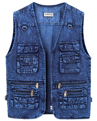 Yukirtiq Herren Jeansweste Kutte Armellos Jeansjacke mit Multi-Taschen Denim Anglerweste Jeans Bikerweste ohne Kragen Motorrad Weste für Männer, Hellblau, XXL von Yukirtiq