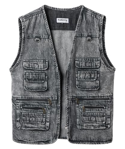 Yukirtiq Herren Jeansweste Kutte Armellos Jeansjacke mit Multi-Taschen Denim Anglerweste Jeans Bikerweste ohne Kragen Motorrad Weste für Männer, Holzkohle, XXL von Yukirtiq