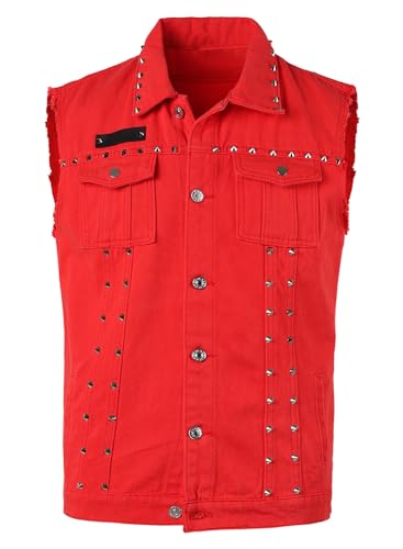Yukirtiq Herren Jeansweste Zerrissen Ärmellos Jeansjacke Slim Fit Motorradweste mit Niete Denim Weste Sommerweste Jeans für Männer, Rot, XL von Yukirtiq