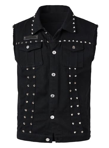 Yukirtiq Herren Jeansweste Zerrissen Ärmellos Jeansjacke Slim Fit Motorradweste mit Niete Denim Weste Sommerweste Jeans für Männer, Schwarz, XL von Yukirtiq