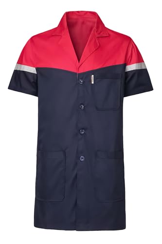 Yukirtiq Herren Kurzarm Labormantel Kittel Arbeitskleidung Arztmantel Atmungsaktiv Berufsmantel Leicht Arbeit Kittel Werkstatt Mantel Lang Arbeitsmantel, Blau+Rot, XL von Yukirtiq