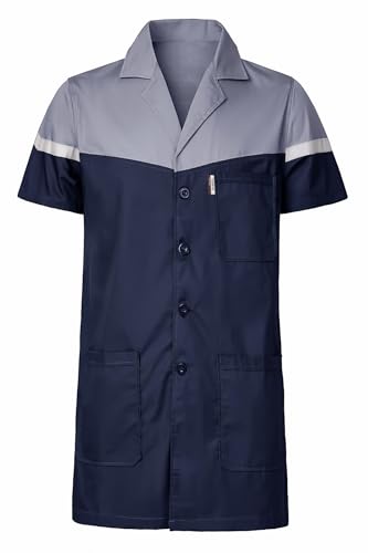 Yukirtiq Herren Kurzarm Labormantel Kittel Arbeitskleidung Arztmantel Atmungsaktiv Berufsmantel Leicht Arbeit Kittel Werkstatt Mantel Lang Arbeitsmantel, Dunkelgrau+Blau, L von Yukirtiq