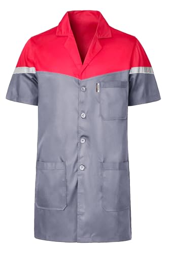 Yukirtiq Herren Kurzarm Labormantel Kittel Arbeitskleidung Arztmantel Atmungsaktiv Berufsmantel Leicht Arbeit Kittel Werkstatt Mantel Lang Arbeitsmantel, Grau+Rot, XL von Yukirtiq