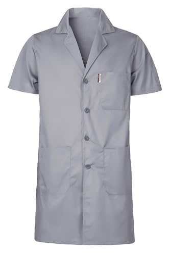 Yukirtiq Herren Kurzarm Labormantel Kittel Arbeitskleidung Arztmantel Atmungsaktiv Berufsmantel Leicht Arbeit Kittel Werkstatt Mantel Lang Arbeitsmantel, Grau, XL von Yukirtiq