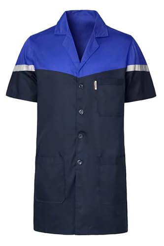 Yukirtiq Herren Kurzarm Labormantel Kittel Arbeitskleidung Arztmantel Atmungsaktiv Berufsmantel Leicht Arbeit Kittel Werkstatt Mantel Lang Arbeitsmantel, Navy Blau+Royalblau, L von Yukirtiq