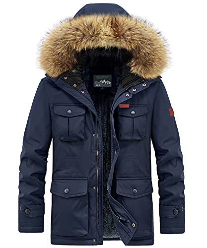Yukirtiq Herren Mantel Winterparka mit Viele Taschen Lang Wintermantel Gefütterte Parka Jacke mit Kunstfell Kapuze Steppjacke Parkajacke mit Kunstfellkragen von Yukirtiq