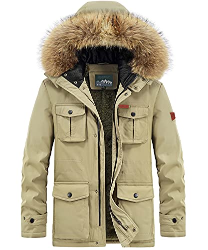Yukirtiq Herren Mantel Winterparka mit Viele Taschen Lang Wintermantel Gefütterte Parka Jacke mit Kunstfell Kapuze Steppjacke Parkajacke mit Kunstfellkragen von Yukirtiq