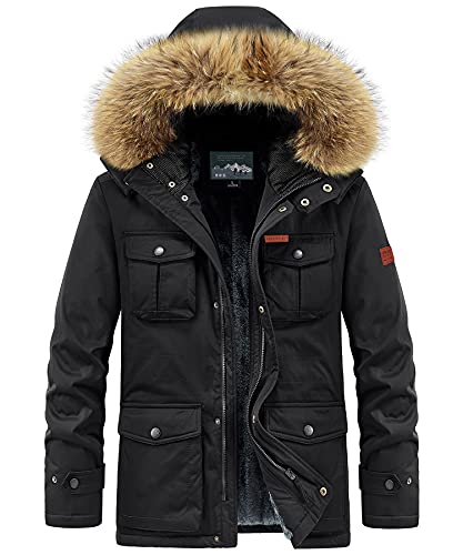 Yukirtiq Herren Mantel Winterparka mit Viele Taschen Lang Wintermantel Gefütterte Parka Jacke mit Kunstfell Kapuze Steppjacke Parkajacke mit Kunstfellkragen von Yukirtiq