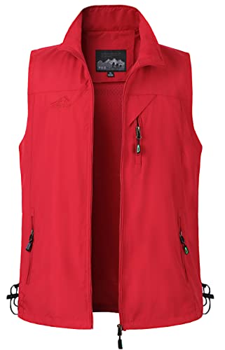 Yukirtiq Herren Outdoor Anglerweste mit Vielen Taschen Leicht Safari Weste Multifunktionsweste Atmungsaktiv Nylon Stehkragen Angeln Weste für Jagd Camping Fotografie Wandern, A-Rot, 3XL von Yukirtiq