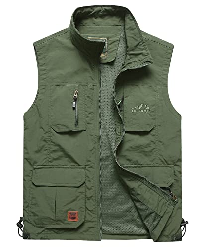 Yukirtiq Herren Outdoor Anglerweste mit Vielen Taschen Leicht Safari Weste Multifunktionsweste Atmungsaktiv Nylon Stehkragen Angeln Weste für Jagd Camping Fotografie Wandern, B-Armeegrün, XL von Yukirtiq