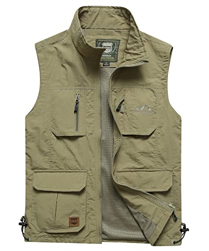 Yukirtiq Herren Outdoor Anglerweste mit Vielen Taschen Leicht Safari Weste Multifunktionsweste Atmungsaktiv Nylon Stehkragen Angeln Weste für Jagd Camping Fotografie Wandern, B-Khaki, XXL von Yukirtiq