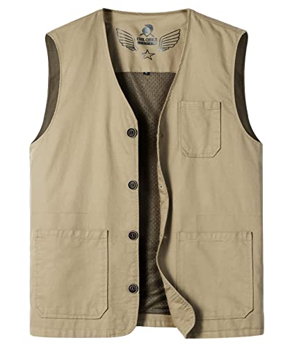 Yukirtiq Herren Outdoor Weste Sommer Fotograf Ärmellos Jacke Baumwolle Weste Golf Wandern Weste Safari Multifunktionsweste, Khaki, 3XL von Yukirtiq