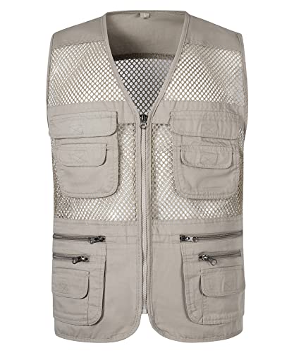 Yukirtiq Herren Sommerweste mit Vielen Taschen Anglerweste Netzweste Ärmellos Jacke Leichteweste Arbeitsweste Atmungsaktiv Jagd Wandern Safari Weste, Beige, XXL von Yukirtiq