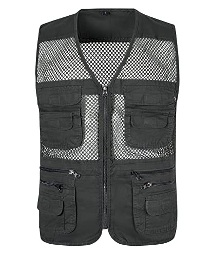 Yukirtiq Herren Sommerweste mit Vielen Taschen Anglerweste Netzweste Ärmellos Jacke Leichteweste Arbeitsweste Atmungsaktiv Jagd Wandern Safari Weste, Dunkelgrün, 3XL von Yukirtiq