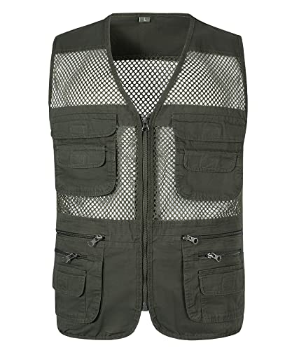 Yukirtiq Herren Outdoor Weste mit Vielen Taschen Anglerweste Netzweste Leicht Ärmellos Jacke Multifunktionsweste Atmungsaktiv Sommer Weste Safari Weste, A-Grün, XXL von Yukirtiq