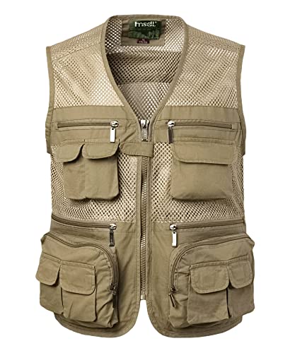 Yukirtiq Herren Outdoor Weste mit Vielen Taschen Anglerweste Netzweste Leicht Ärmellos Jacke Multifunktionsweste Atmungsaktiv Sommer Weste Safari Weste, B-Khaki, S von Yukirtiq