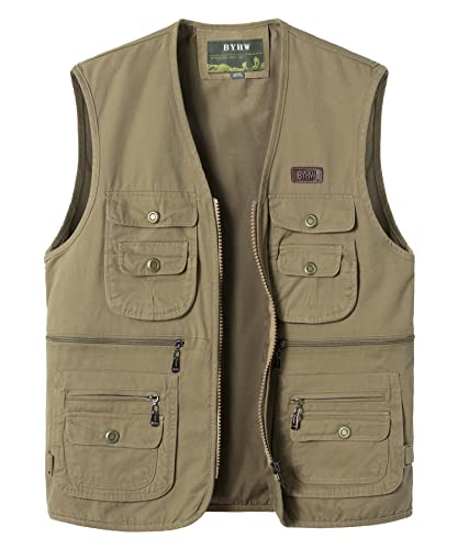 Yukirtiq Herren Outdoor Weste mit Vielen Taschen Anglerweste mit Reißverschluss Jagd und Angler Fotografie Wandern West Sommer Multifunktionsweste Ärmellos Jacke, A-Khaki, 4XL von Yukirtiq