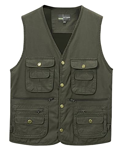 Yukirtiq Anglerweste Herren Sommer Outdoor Weste mit Vielen Taschen Jagdweste Wanderweste Baumwolle Funktionsweste Fotoweste mit Druckknopf, Grün, XL von Yukirtiq
