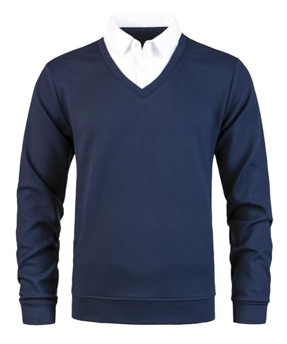 Yukirtiq Herren Pullover mit Hemdkragen Pulli Langarm 2 in 1 Hemd Kragen Pullover V-Ausschnitt Feinstrick Strickpullover, Blau+Weiß, L von Yukirtiq