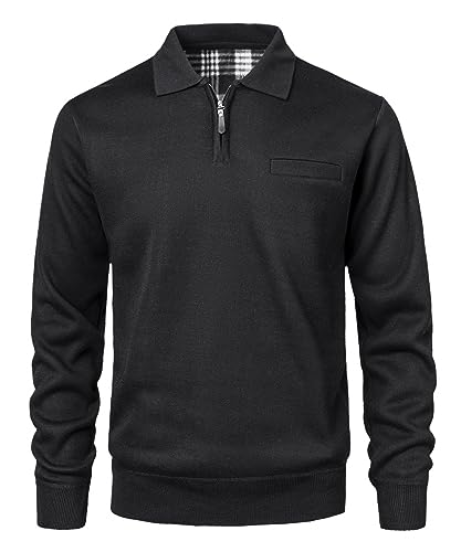 Yukirtiq Herren Pullover Strickjacke mit Reißverschlusskragen Strickpullover Feinstrick mit Brusttasche Langarm Sweatjacke mit Fleece gefüttert Winter Sweatshirt, Schwarz, M von Yukirtiq