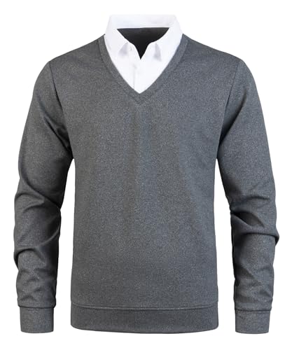 Yukirtiq Herren Pullover mit Hemdkragen Pulli Langarm 2 in 1 Hemd Kragen Pullover V-Ausschnitt Feinstrick Strickpullover, Grau+Weiß, XL von Yukirtiq