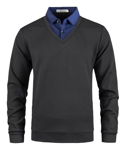 Yukirtiq Herren Pullover mit Hemdkragen Pulli Langarm 2 in 1 Hemd Kragen Pullover V-Ausschnitt Feinstrick Strickpullover, Schwarz+Blau, L von Yukirtiq