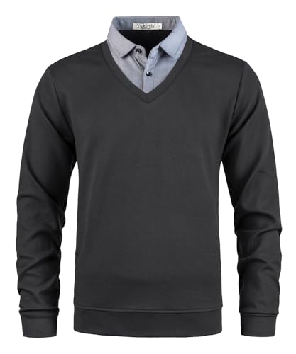 Yukirtiq Herren Pullover mit Hemdkragen Pulli Langarm 2 in 1 Hemd Kragen Pullover V-Ausschnitt Feinstrick Strickpullover, Schwarz+Grau, XXL von Yukirtiq