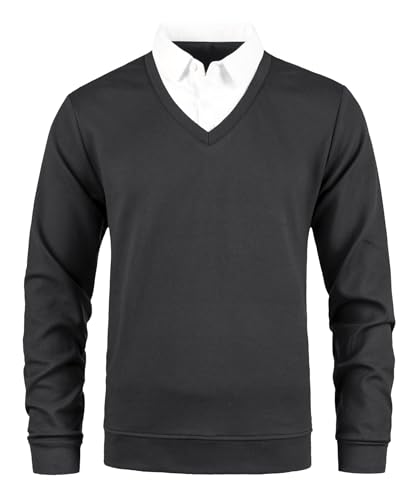 Yukirtiq Herren Pullover mit Hemdkragen Langarm Strick-Pullover 2 in 1 Hemd Kragen Pullover V-Ausschnitt Feinstrick Strickpullover Pulli, Schwarz+Weiß, M von Yukirtiq