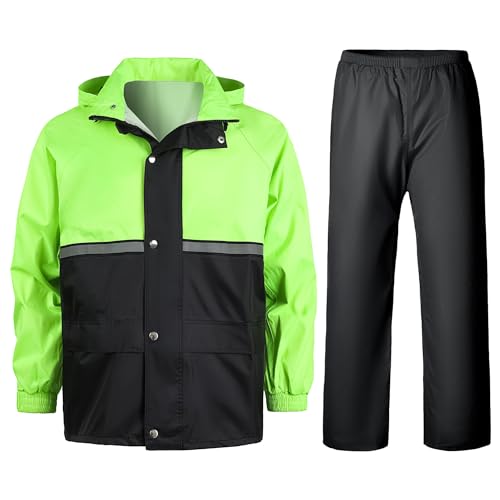 Yukirtiq Herren Regenanzug Outdoor Reflektierende Wasserdichte Anzug Fahrrad Regenjacke und Regenhose Regenbekleidung Regenkombi für Angeln Wandern Hundesport, Grün+Schwarz, XXL von Yukirtiq