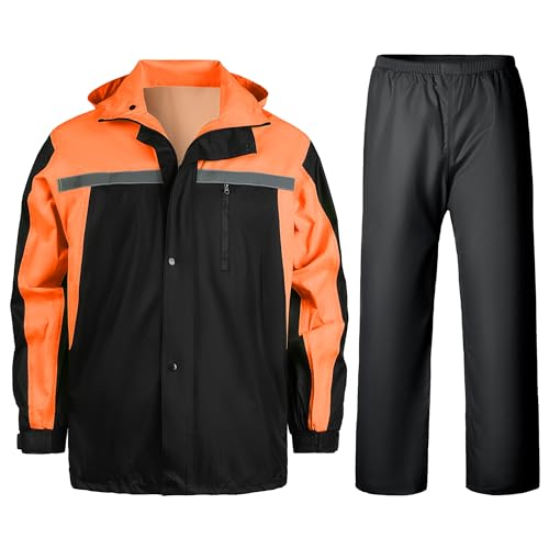 Yukirtiq Herren Regenanzug Outdoor Reflektierende Wasserdichte Anzug Fahrrad Regenjacke und Regenhose Regenbekleidung Regenkombi für Angeln Wandern Hundesport, Orange, XL von Yukirtiq