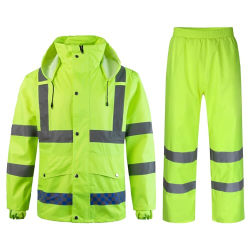 Yukirtiq Herren Regenanzug Wasserdichten Anzug mit Reflexstreifen Regenjacke mit Kapuze Regenhosen Fahrrad Arbeitskleidung Outdoor Regenmantel Winddicht Regenjacke, Grün, XXL von Yukirtiq