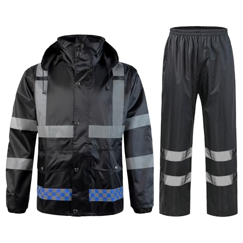 Yukirtiq Herren Regenanzug Wasserdichten Anzug mit Reflexstreifen Regenjacke mit Kapuze Regenhosen Fahrrad Arbeitskleidung Outdoor Regenmantel Winddicht Regenjacke, Schwarz, XL von Yukirtiq