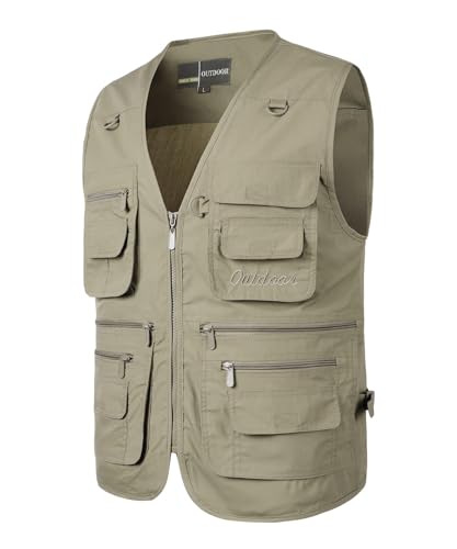 Yukirtiq Herren Outdoor Weste mit Vielen Taschen schnelltrocknend Multifunktions Weste für Angler Wander Jagd Militär Range Safari Fotografie Leicht Gilet, Khaki, 4XL von Yukirtiq