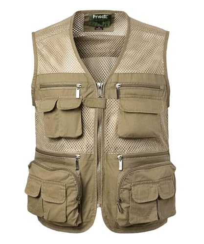Yukirtiq Sommerweste Herren Leicht mit Taschen Funktionsweste Atmungsaktiv outdoor weste Schnell Trocken Anglerweste Wanderweste Ranger Weste, Khaki, 3XL von Yukirtiq