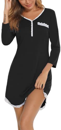 Yukiuiny Damen Nachthemd 3/4 Arm Baumwolle Sexy Kurzes Spitze Schlafkleid Henley Kragen Nachtwäsche Stillnachthemd mit Knopfleiste,XL Schwarz von Yukiuiny