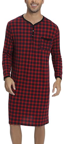 Yukiuiny Herren Karo Nachthemd Langarm Karietes Knielang Schalfshirt Leicht Luftig Henley Pyjamaoberteil mit 3 Knöpfe Blau-rot,XL von Yukiuiny