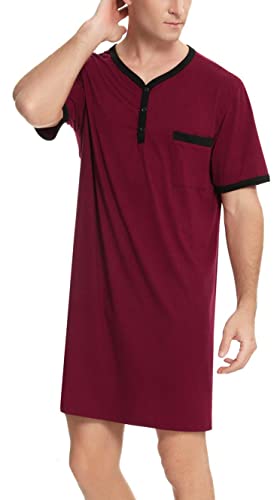 Herren Nachthemd Kurzarm Baumwolle Henley Kragen Jersey Pyjama Oberteil Leicht Luftig Sommer Sleepshirt für Krankenhaus Weinrot,3XL von Yukiuiny