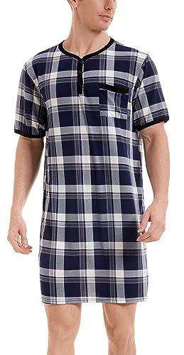 Herren Nachthemd Kurzarm Baumwolle Karietes Knielang Schalfshirt Leicht Luftig Henley Pyjamaoberteil mit 3 Knöpfe Navyblau,M von Yukiuiny